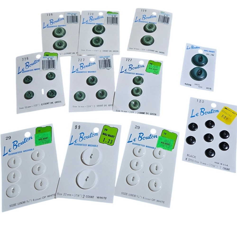Vintage Le Bouton B Blumenthal Button Lot NOS Green White Black 11 Cards Sewing